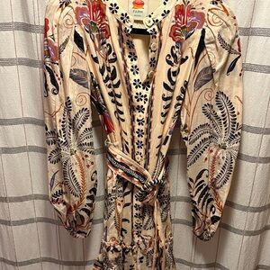 FARM Rio Cream and Black Floral Long Sleeve Dress